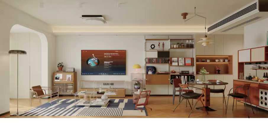 客厅电视展示柜实景——樱桃木开放格、无主灯吊顶回光槽与中古家具